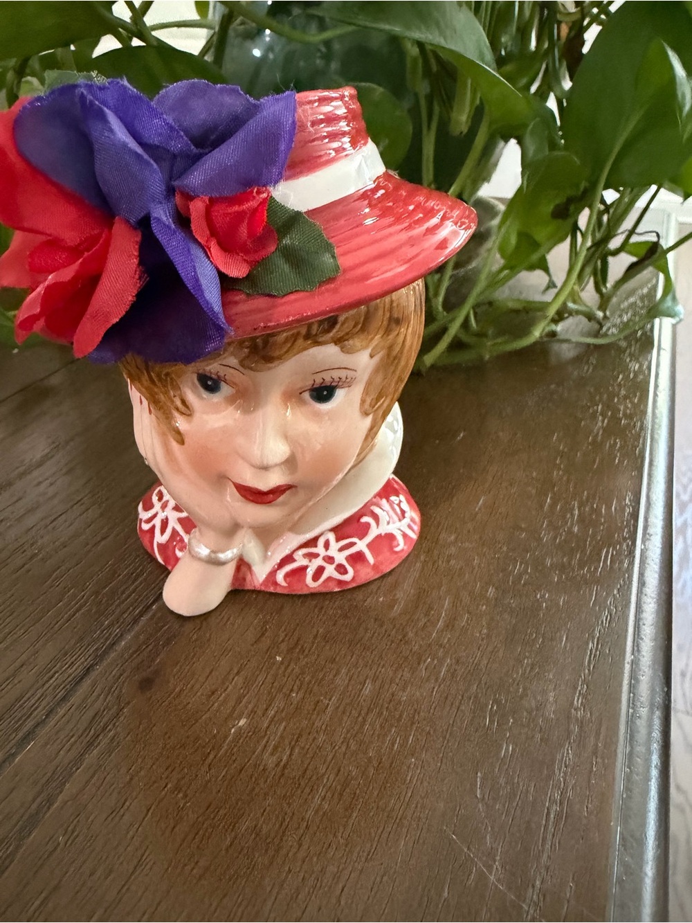 Lefton Vintage Red Hat Ceramic Lady Head Vase with Purple Flowers